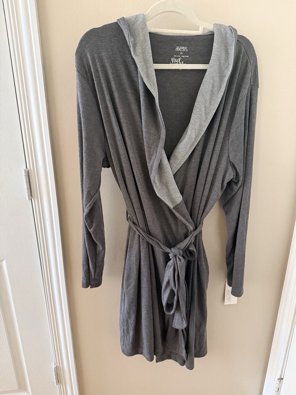 Gilligan O Malley Womens 2X Heather Gray Hooded Robe Tie Waist Sleepwear NWT
